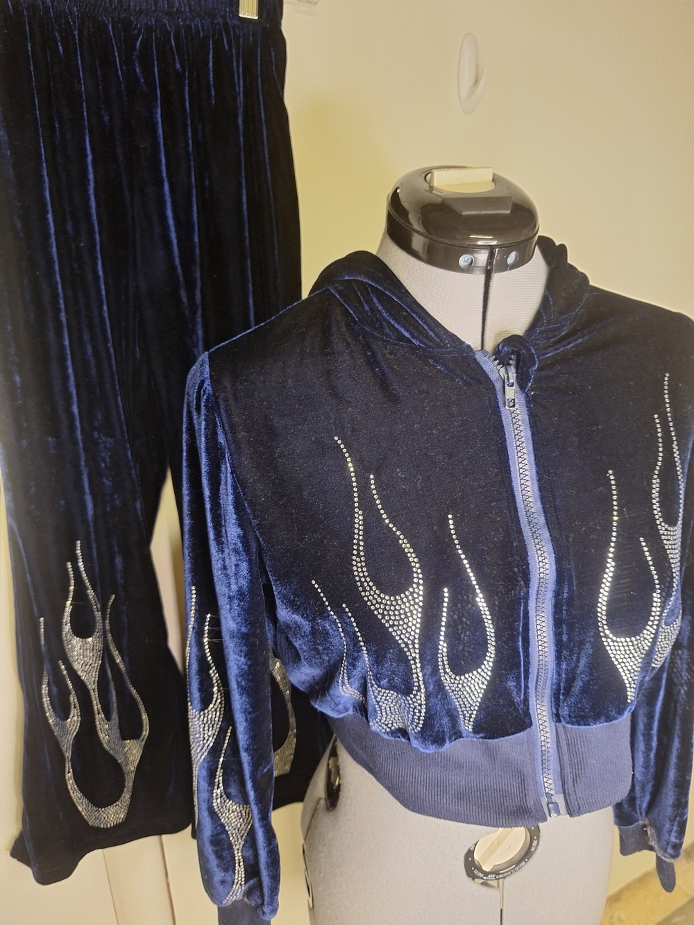 Navy Velvet Rhinestone Flame Hoodie & Bootcut Pants Set Size 12 Youth